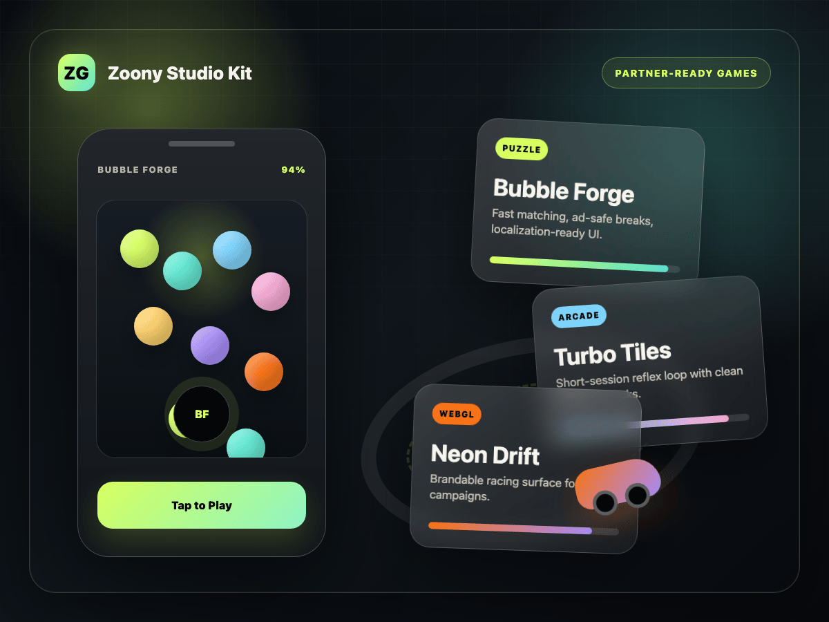 Zoony Games studio kit collage showing Bubble Forge, Turbo Tiles, and Neon Drift launch surfaces.